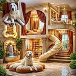 A majestic golden retriever lounges like a furry monarch on the windowsill, soaking up the light with a soulful stare and oversized paws draped like royal scepters. Curtains provide dramatic theater, while the dog offers quiet dignity and mild judgment for your camera skills.