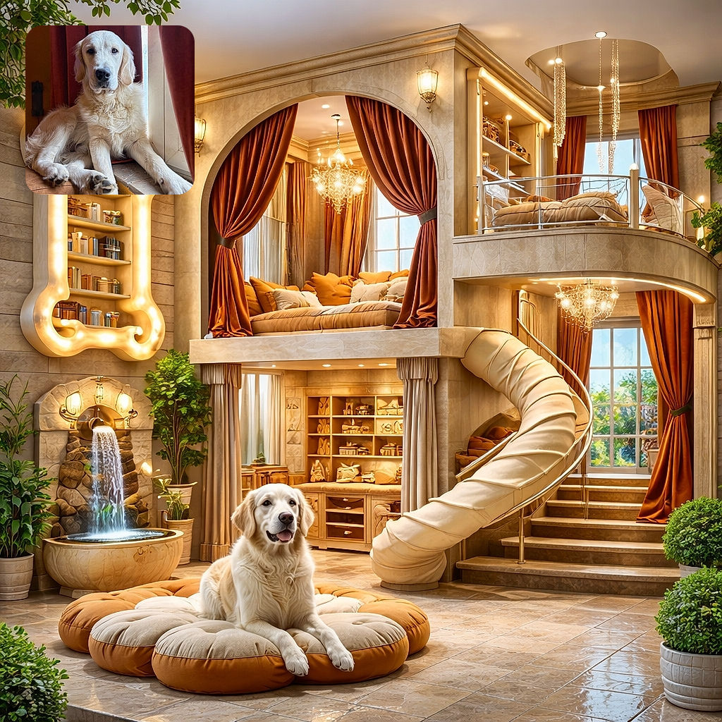 A majestic golden retriever lounges like a furry monarch on the windowsill, soaking up the light with a soulful stare and oversized paws draped like royal scepters. Curtains provide dramatic theater, while the dog offers quiet dignity and mild judgment for your camera skills.