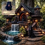 A majestic black dog with fluffy fur is sitting calmly in front of a large tree trunk, tongue out in a happy pant, surrounded by dry grass and scattered leaves.