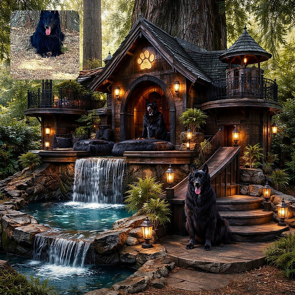 A majestic black dog with fluffy fur is sitting calmly in front of a large tree trunk, tongue out in a happy pant, surrounded by dry grass and scattered leaves.