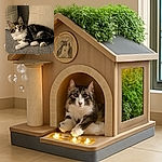 A fluffy tabby kitten lounges comfortably on a textured gray couch, with two cream-colored cushions behind it, gazing curiously at the camera with wide, innocent eyes.