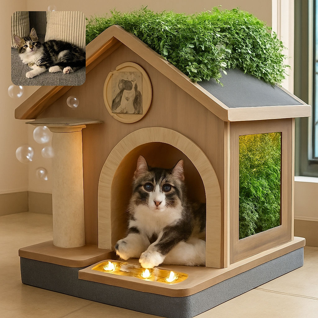 A fluffy tabby kitten lounges comfortably on a textured gray couch, with two cream-colored cushions behind it, gazing curiously at the camera with wide, innocent eyes.