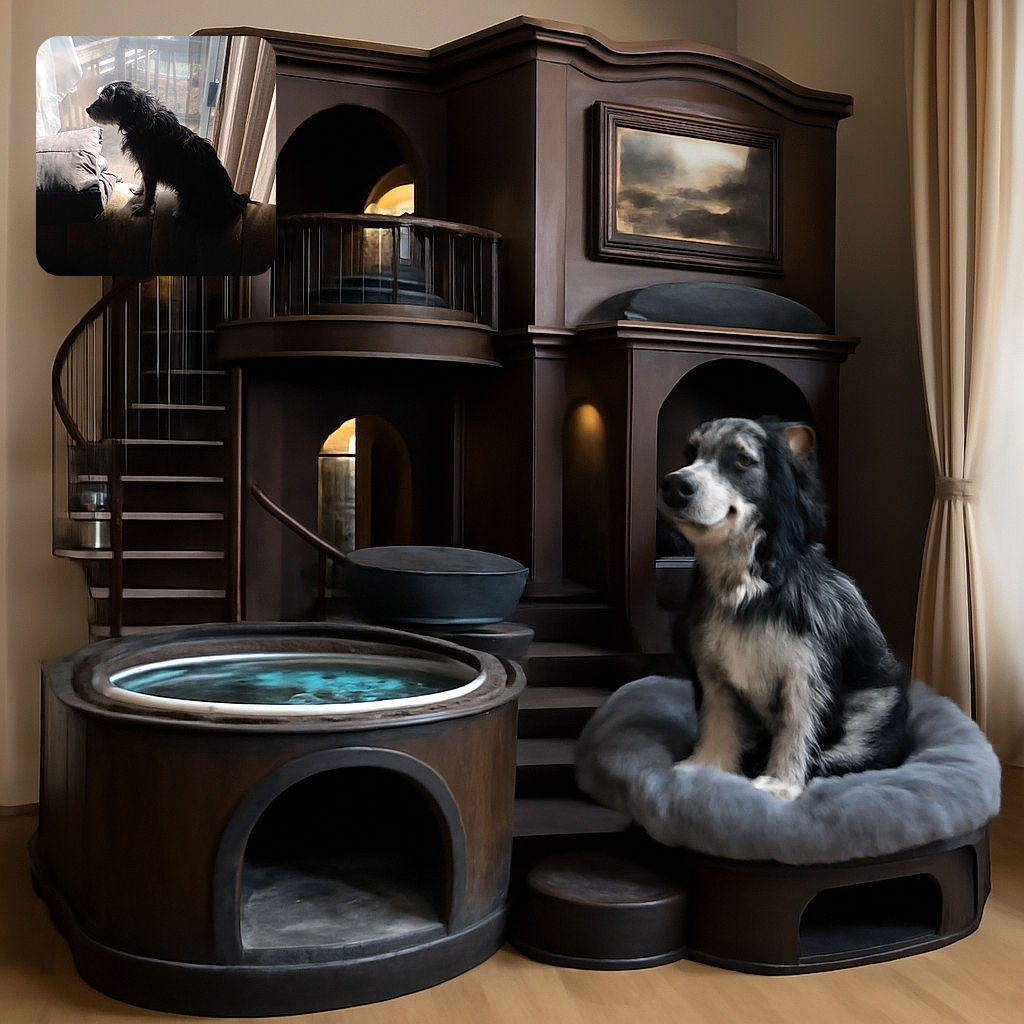 A scruffy dog stands majestically on the back of a couch, silhouetted against a bright window with sheer curtains and a wooden deck outside. The light creates a moody atmosphere, highlighting the dog's fur texture while the rest of the room remains dim.
