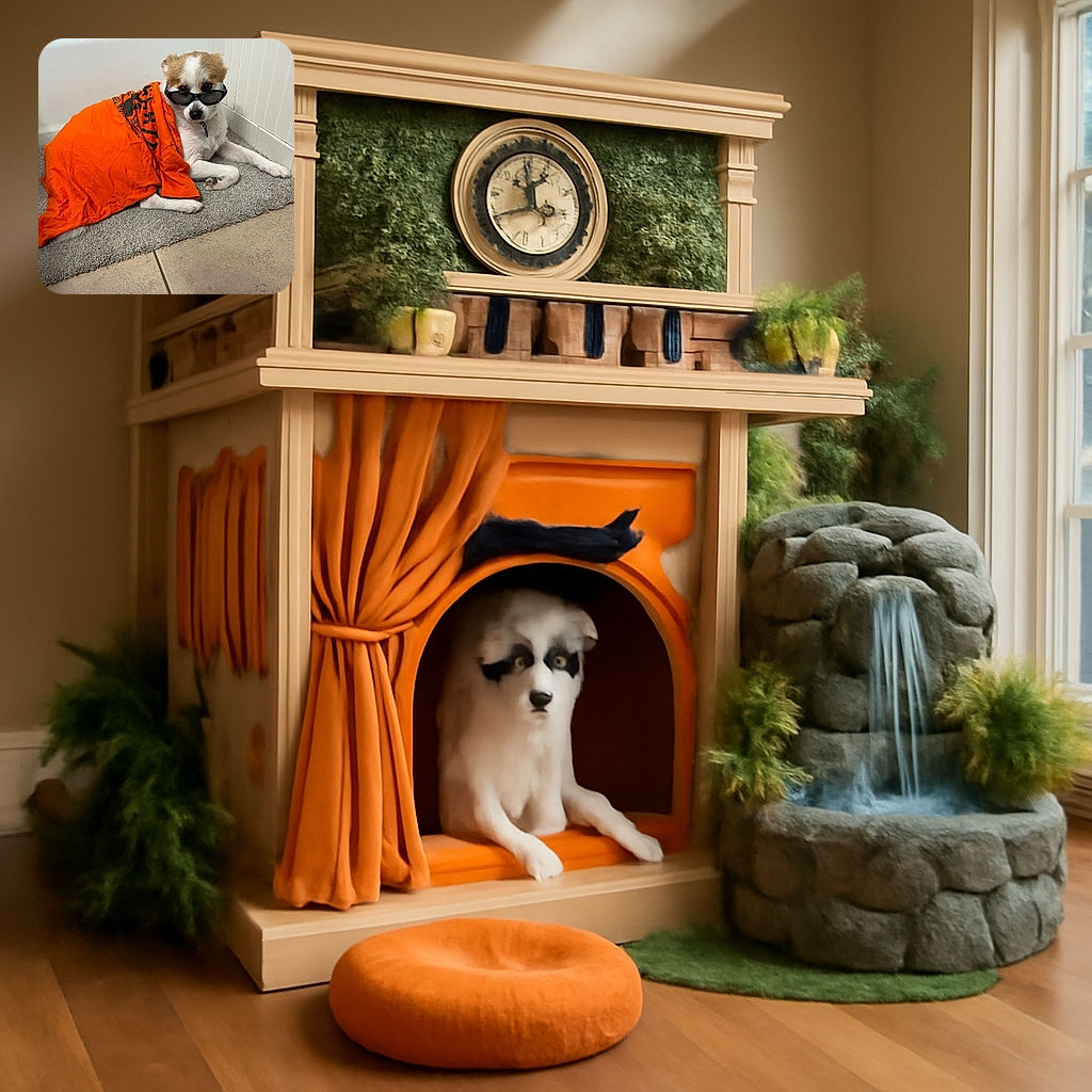 A cool puppy lounges on a gray bath mat, rocking a bright orange shirt and stylish black sunglasses, looking like the ultimate bathroom fashion icon.