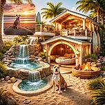 A dignified dog sits proudly atop a large rock on a serene beach, basking in the warm glow of a stunning sunset with waves gently rolling in the background. The peaceful scene captures the perfect blend of nature and canine charm.