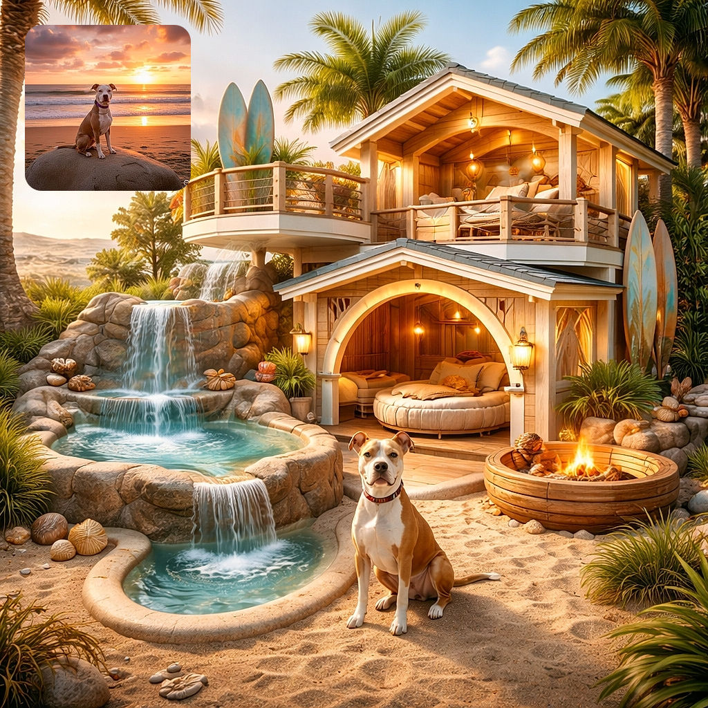 A dignified dog sits proudly atop a large rock on a serene beach, basking in the warm glow of a stunning sunset with waves gently rolling in the background. The peaceful scene captures the perfect blend of nature and canine charm.