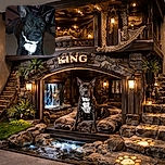 A curious brindle dog with a white chest patch is lying on a carpeted floor indoors, looking directly at the camera with alert ears, while a bookshelf filled with DVDs and a television screen glow softly in the background.