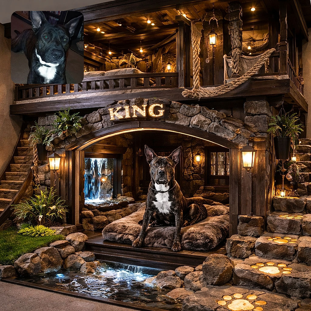 A curious brindle dog with a white chest patch is lying on a carpeted floor indoors, looking directly at the camera with alert ears, while a bookshelf filled with DVDs and a television screen glow softly in the background.