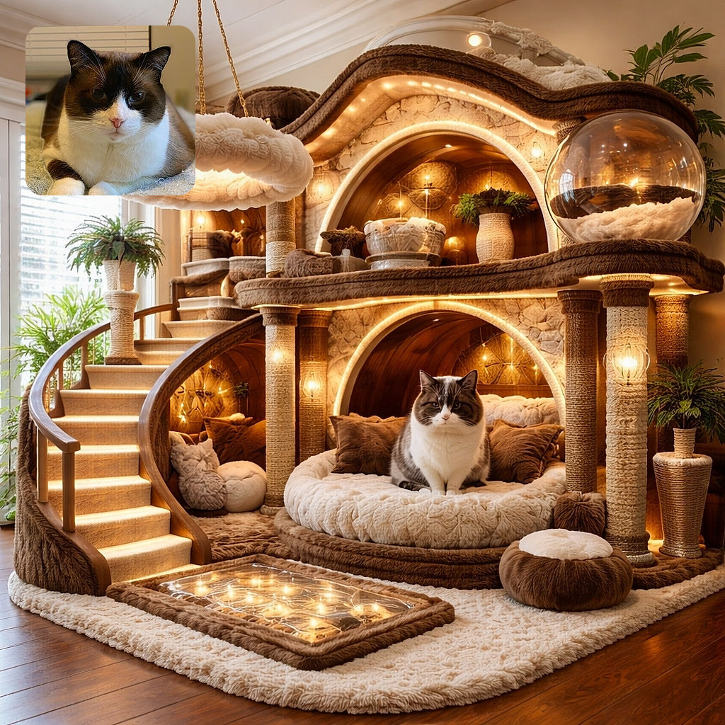A dignified, slightly grumpy cat loafs on a soft blanket like it owns the place — wide-set whiskers, pink nose, and soulful eyes stare straight at the camera while blinds provide a mellow background bokeh.