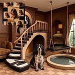 A collage of multiple photos featuring a black and white dog with curly fur sitting on a tiled floor, each photo framed with white borders against a black background, creating a playful and artistic repetition effect.