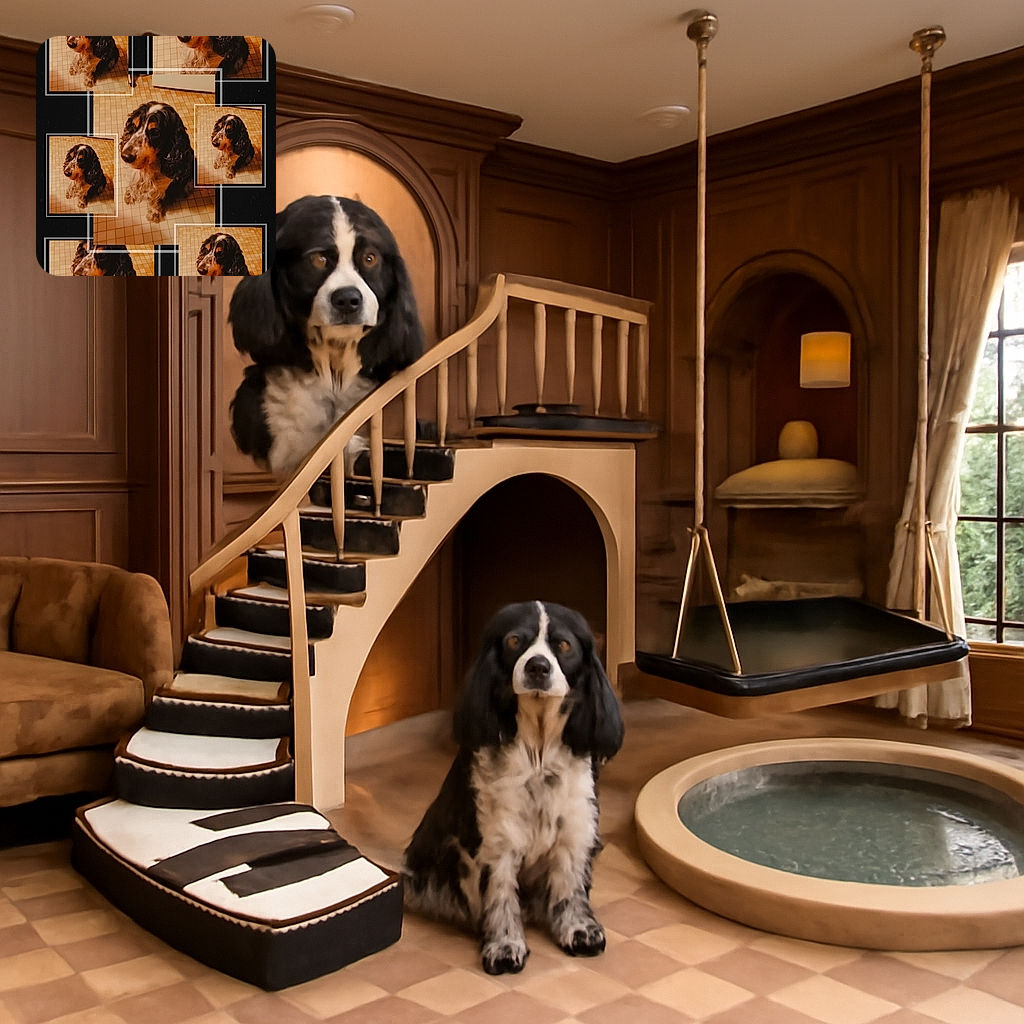 A collage of multiple photos featuring a black and white dog with curly fur sitting on a tiled floor, each photo framed with white borders against a black background, creating a playful and artistic repetition effect.