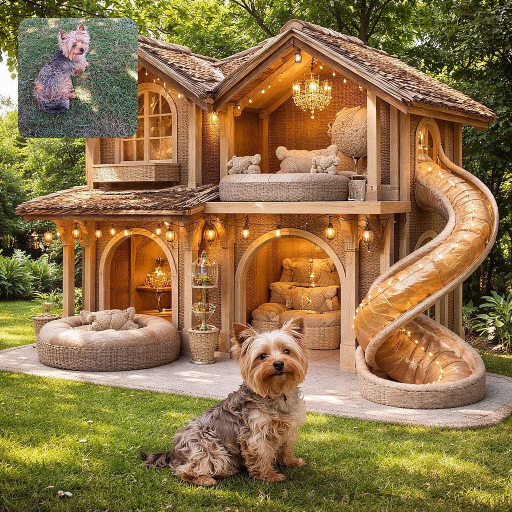A cute Yorkshire Terrier lies on a sun-dappled grassy lawn, looking back with a curious and slightly mischievous expression, as if caught mid-daydream during a peaceful outdoor chill session.