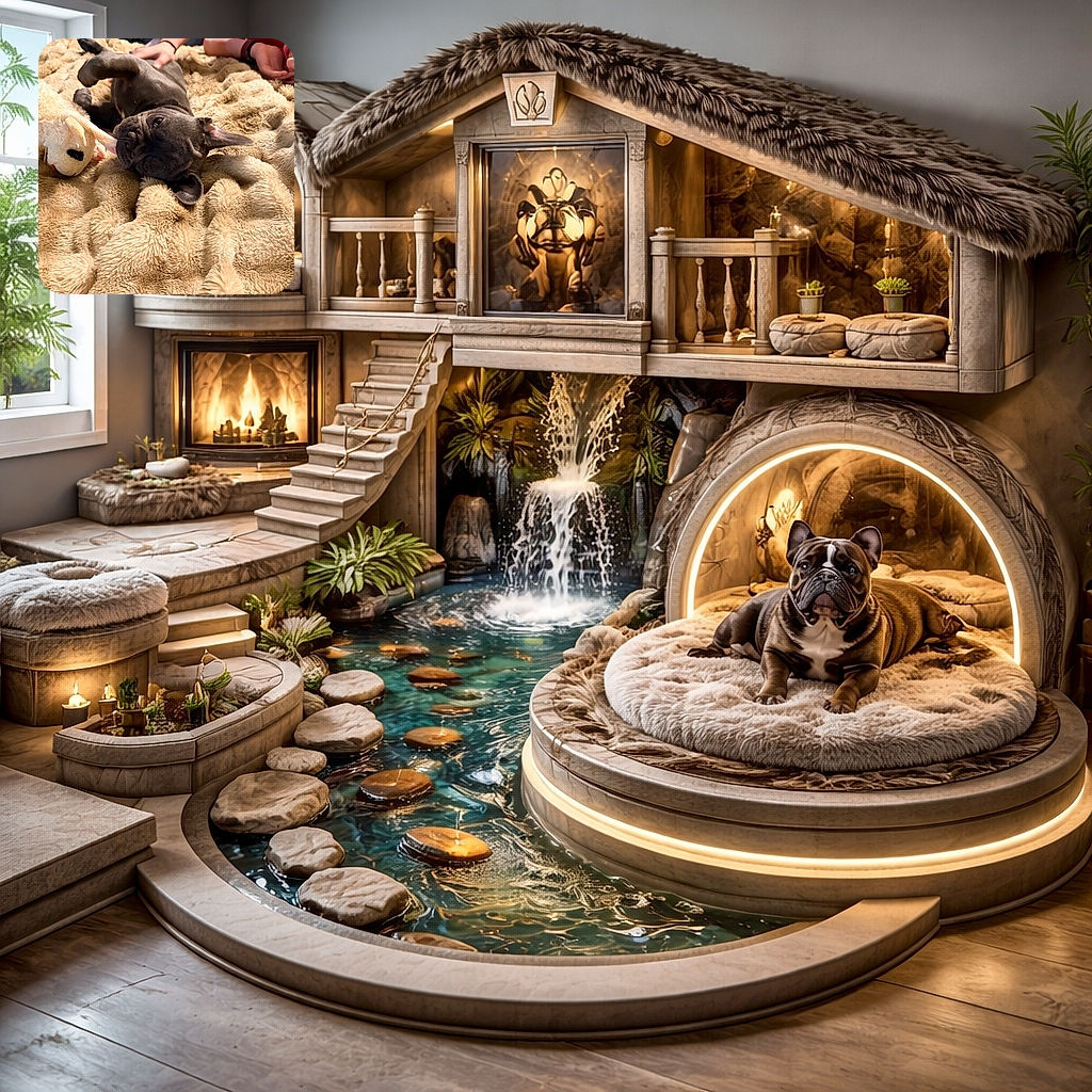 A goofy French bulldog puppy sprawled on a sumptuous faux-fur blanket, clutching a stuffed toy while a person reaches in to pet it — pure cozy chaos with big ears, curious eyes, and a belly-up invitation to rub.