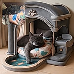 A cozy gray cat is fast asleep, snuggled up on a colorful fleece blanket with playful llama patterns, resting its paw on a soft textured rug, all set against a warm wooden backdrop.