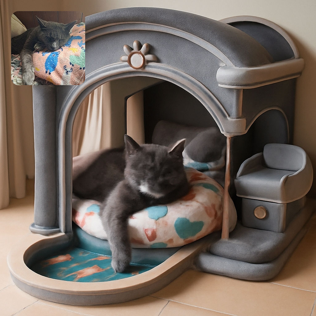 A cozy gray cat is fast asleep, snuggled up on a colorful fleece blanket with playful llama patterns, resting its paw on a soft textured rug, all set against a warm wooden backdrop.