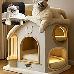 A fluffy cat with striking blue eyes lounges regally on a cozy cat tree, one paw dangling over the edge as if surveying its kingdom from a lofty throne.