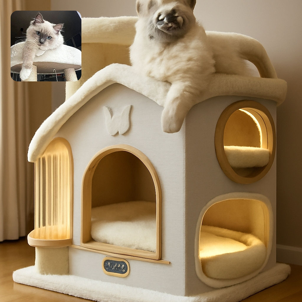 A fluffy cat with striking blue eyes lounges regally on a cozy cat tree, one paw dangling over the edge as if surveying its kingdom from a lofty throne.