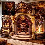 A regal dog dressed in an elaborate Renaissance-style outfit, complete with a ruffled collar, posing like a noble from a classical portrait. The dog's happy expression contrasts humorously with the formal attire, creating a charming and amusing scene.