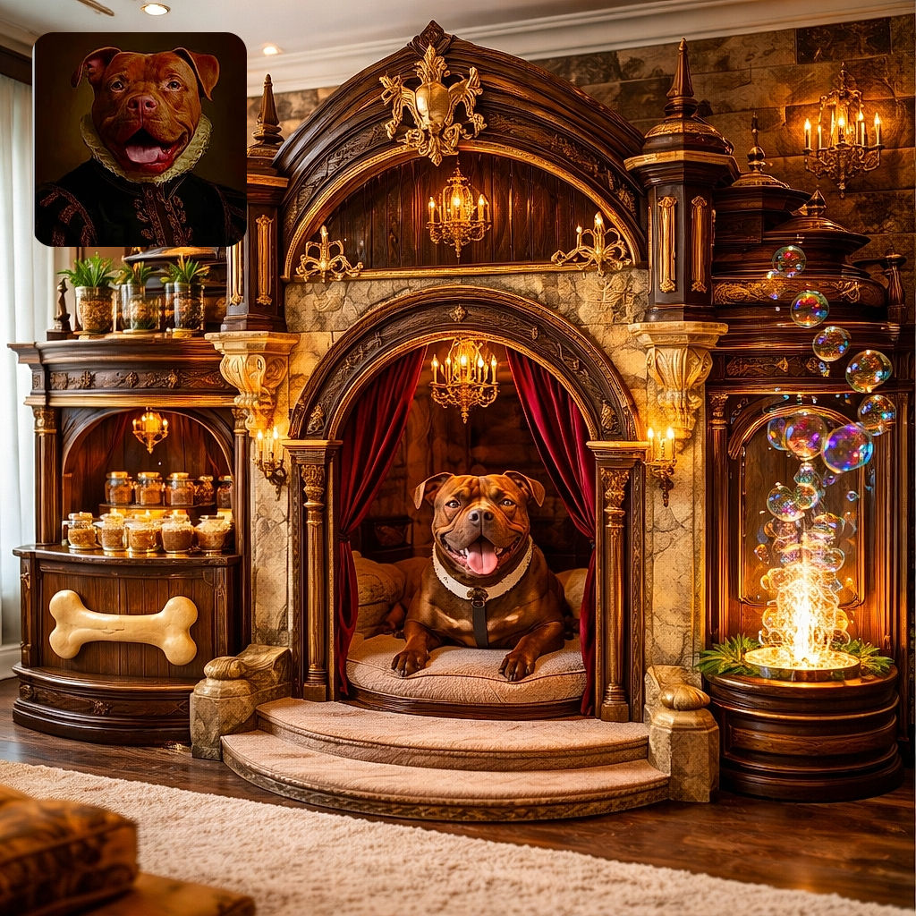 A regal dog dressed in an elaborate Renaissance-style outfit, complete with a ruffled collar, posing like a noble from a classical portrait. The dog's happy expression contrasts humorously with the formal attire, creating a charming and amusing scene.