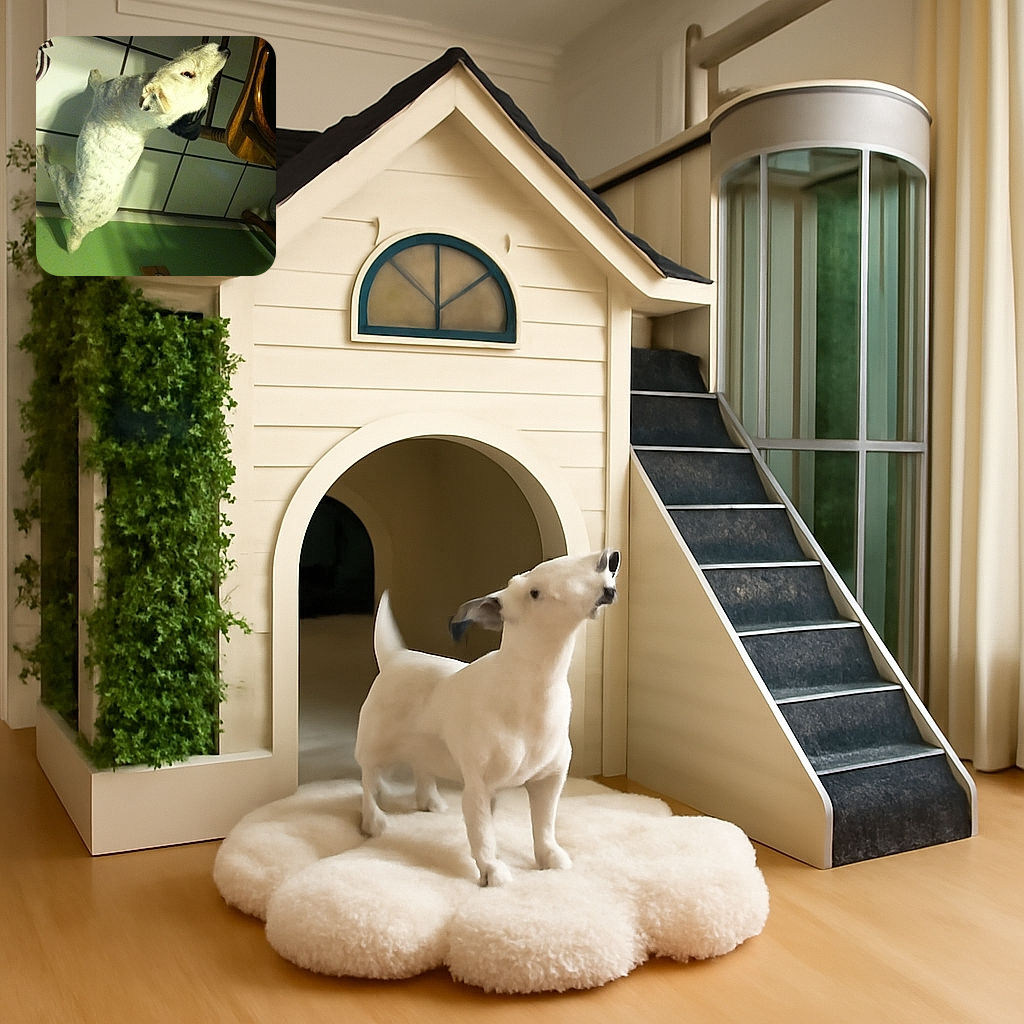 A white dog with black spots stands on a tiled floor next to a wooden chair, looking upwards with a curious expression. The image is a bit tilted, giving a quirky perspective to the scene.