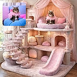 A regal tabby cat dressed like royalty with a delicate pink tutu and a sparkling crown, sitting proudly on a fluffy blue cushion surrounded by pastel pillows, ready to rule the kingdom of cozy.