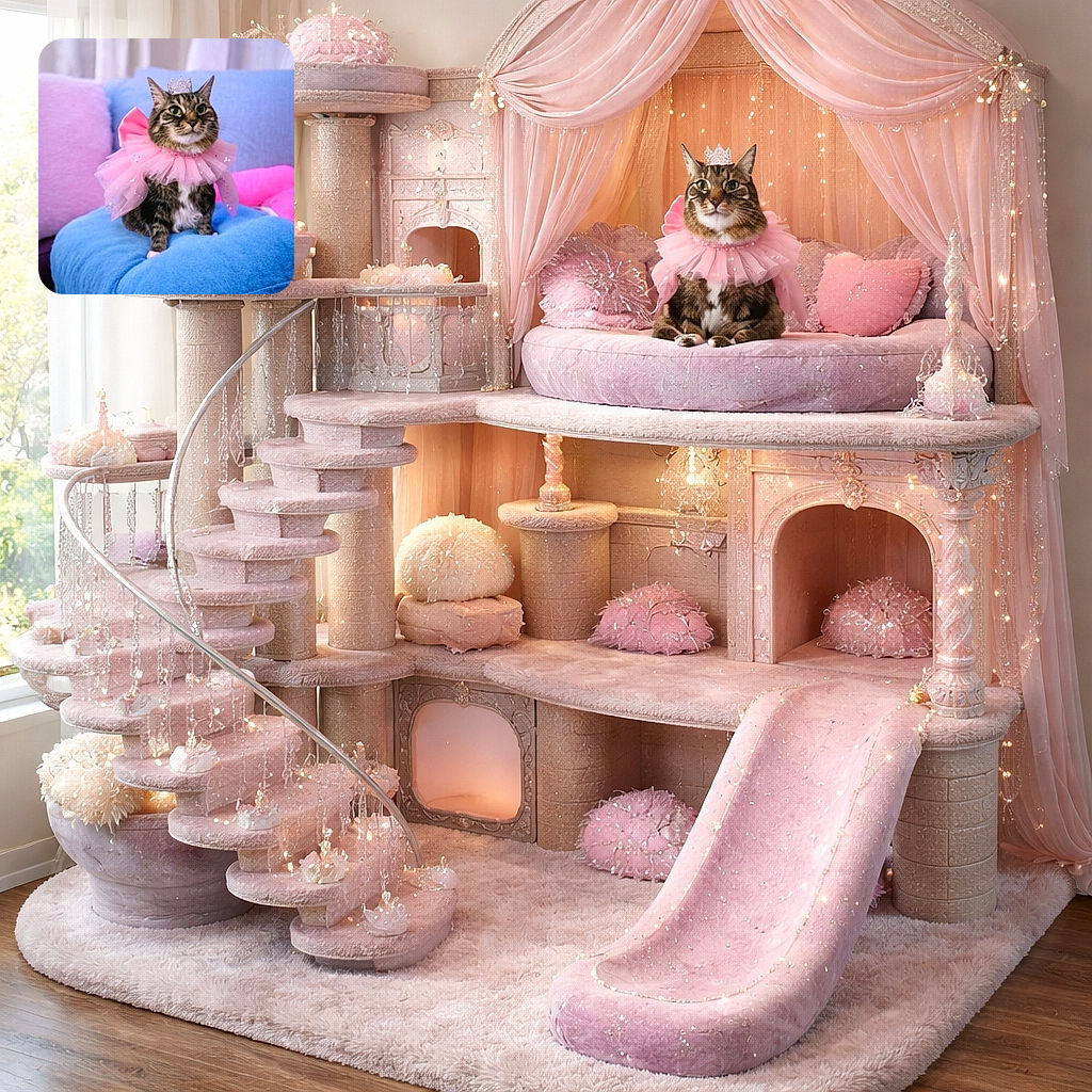 A regal tabby cat dressed like royalty with a delicate pink tutu and a sparkling crown, sitting proudly on a fluffy blue cushion surrounded by pastel pillows, ready to rule the kingdom of cozy.