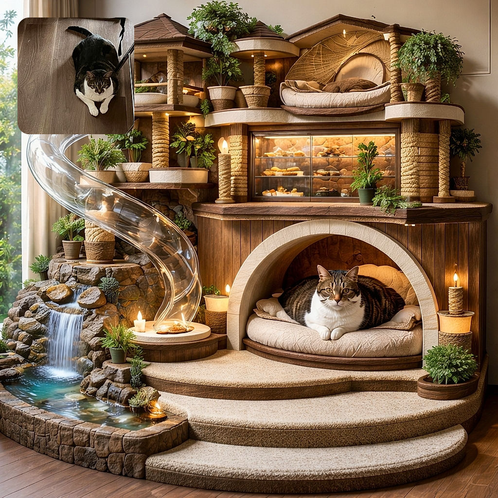 A chubby tabby cat with white paws and chest is lounging on a wooden floor, looking intently at the camera with a serious expression. The scene is cozy and homely, with some furniture legs and a piece of cloth visible in the background.