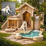 A fluffy cream-colored dog is lounging on a patch of dirt, looking off to the side with its tongue out as if enjoying a sunny day. The background shows a rustic fence and some greenery, giving an outdoor, relaxed vibe.