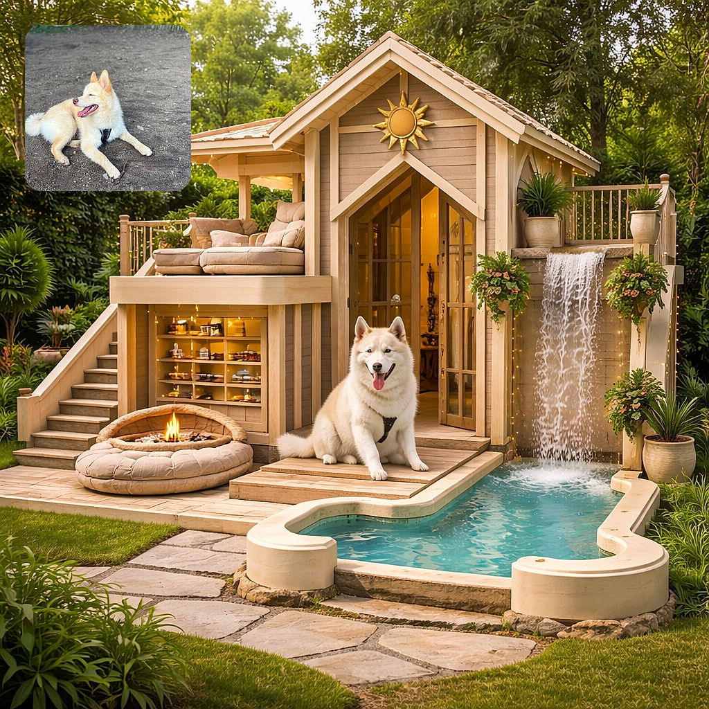 A fluffy cream-colored dog is lounging on a patch of dirt, looking off to the side with its tongue out as if enjoying a sunny day. The background shows a rustic fence and some greenery, giving an outdoor, relaxed vibe.