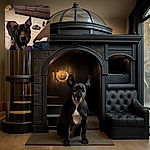A curious black dog with one ear perked up looks directly at the camera, standing on a tiled floor in a cozy living room with a brown couch in the background. Nearby are a pair of slippers and some scattered clothes, while a person wearing colorful slippers is partially visible in the foreground.