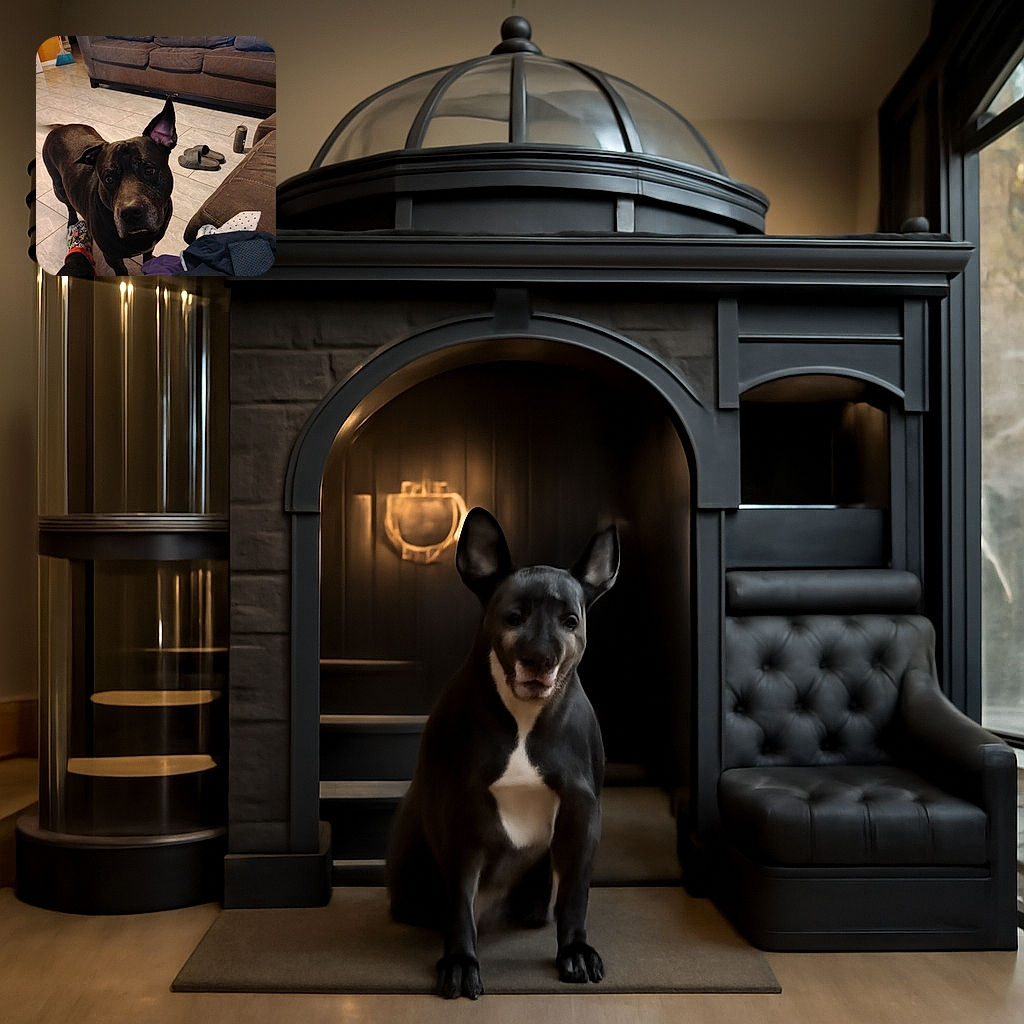 A curious black dog with one ear perked up looks directly at the camera, standing on a tiled floor in a cozy living room with a brown couch in the background. Nearby are a pair of slippers and some scattered clothes, while a person wearing colorful slippers is partially visible in the foreground.