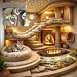 A cozy tabby cat with white paws is curled up on a soft brown couch, looking relaxed and slightly sleepy with a hint of curiosity in its eyes. The cat's fur is a beautiful mix of stripes and patches, blending perfectly with the neutral-toned background and some casually placed clothes nearby.