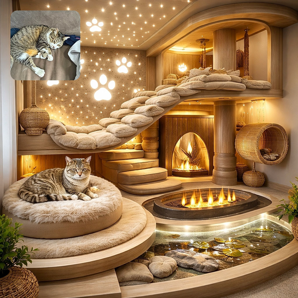 A cozy tabby cat with white paws is curled up on a soft brown couch, looking relaxed and slightly sleepy with a hint of curiosity in its eyes. The cat's fur is a beautiful mix of stripes and patches, blending perfectly with the neutral-toned background and some casually placed clothes nearby.