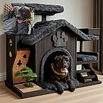 A happy black dog lounges comfortably on a cozy pile of blankets and pillows, wearing a colorful flower lei and sticking its tongue out in a playful, joyful manner.