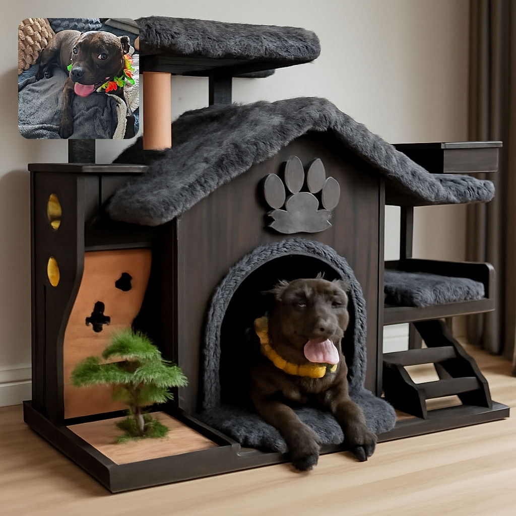 A happy black dog lounges comfortably on a cozy pile of blankets and pillows, wearing a colorful flower lei and sticking its tongue out in a playful, joyful manner.