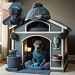 A serious-looking dog wearing a cozy striped sweater and a knitted hat with a pom-pom, sitting on a patterned rug next to a blue fish-shaped toy, ready for winter fashion or a playful day indoors.
