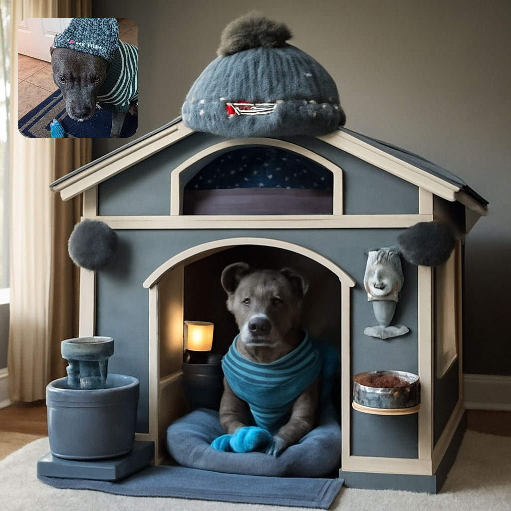 A serious-looking dog wearing a cozy striped sweater and a knitted hat with a pom-pom, sitting on a patterned rug next to a blue fish-shaped toy, ready for winter fashion or a playful day indoors.