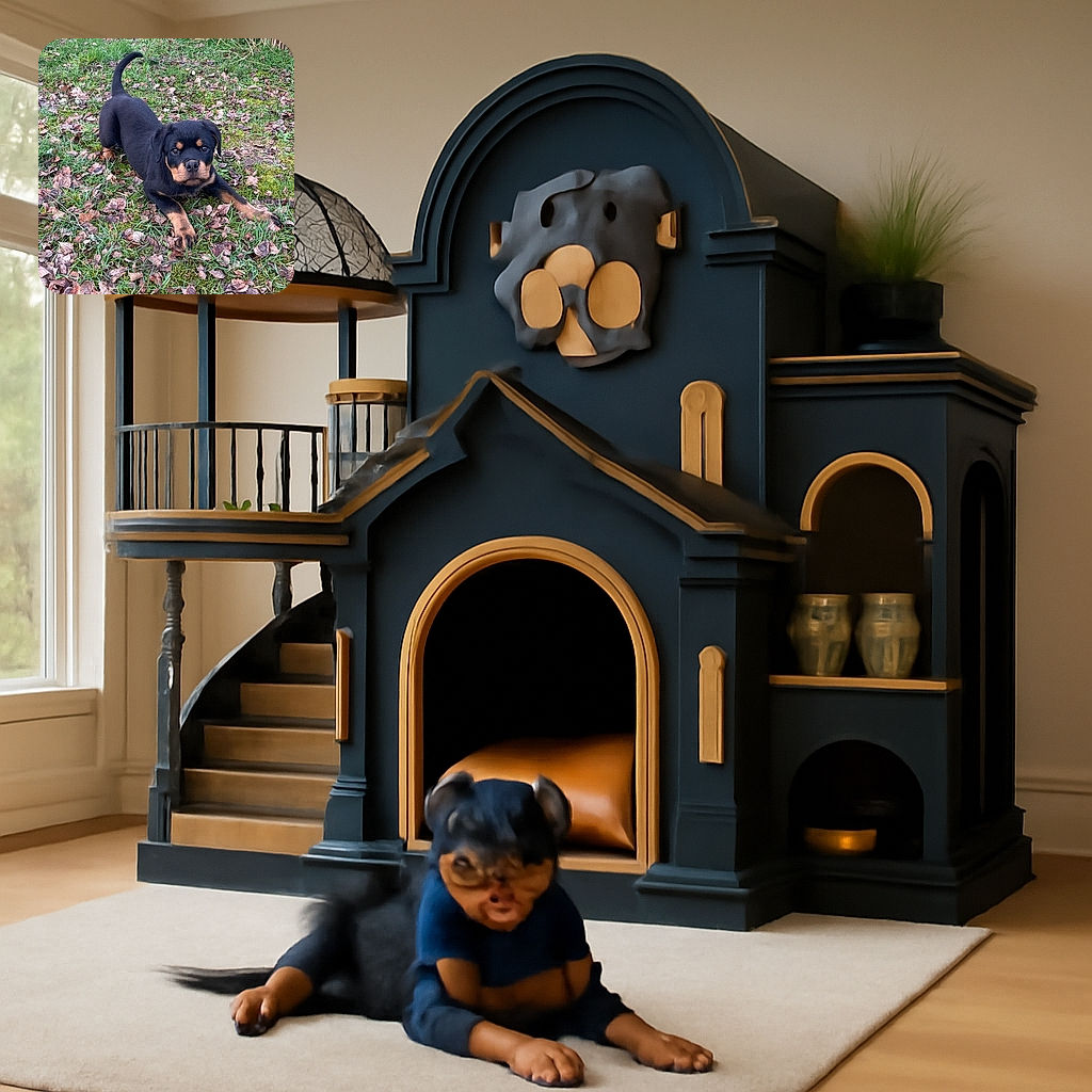 A playful Rottweiler puppy is caught mid-stretch on a patch of grass covered with dry leaves, looking curiously at the camera with its tail raised high, surrounded by a natural garden setting.