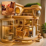 A dignified ginger cat stands on a floral bedspread, staring into the camera like it has just discovered the household laundry pile and is preparing a formal complaint. Behind it, folded clothes, an open door, and a shopping bag complete the cozy bedroom scene.