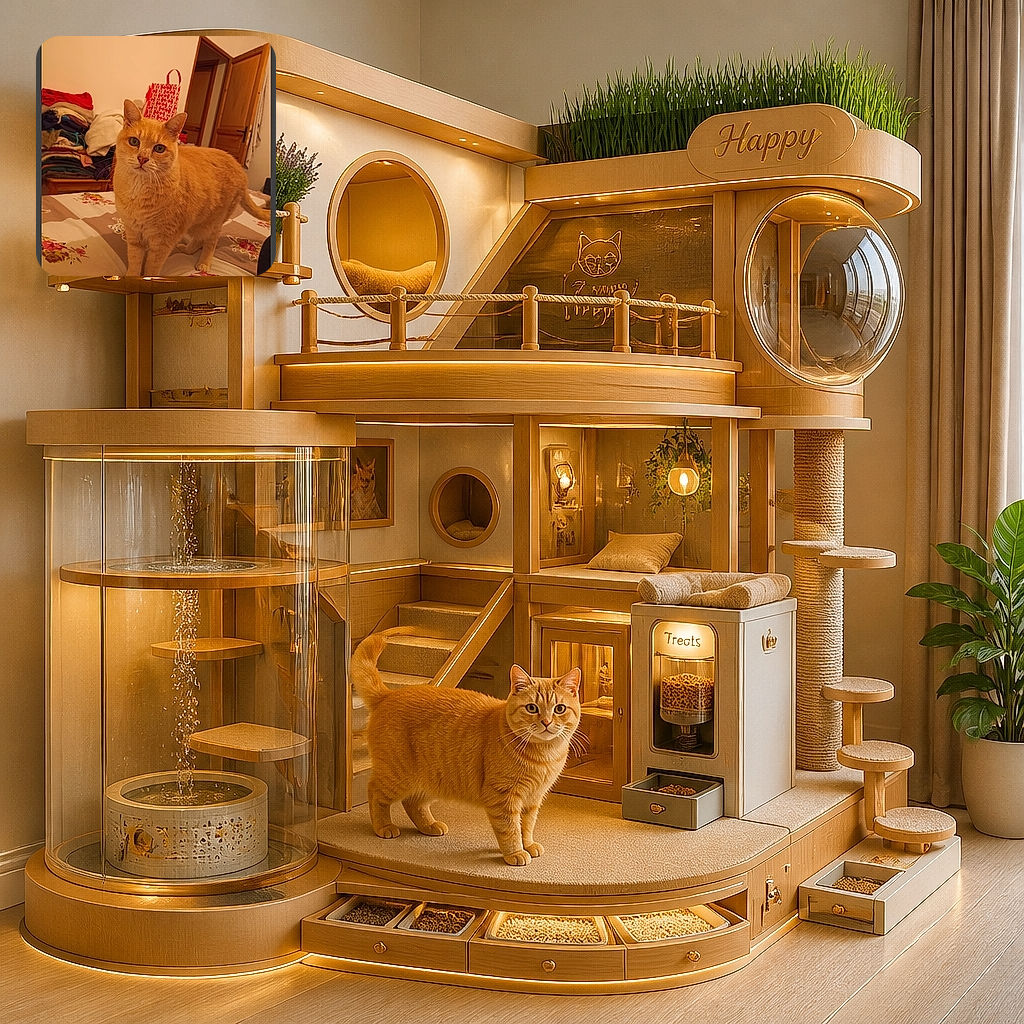 A dignified ginger cat stands on a floral bedspread, staring into the camera like it has just discovered the household laundry pile and is preparing a formal complaint. Behind it, folded clothes, an open door, and a shopping bag complete the cozy bedroom scene.