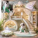 A fluffy white and black puppy dressed in a shiny green fairy costume sits adorably on a quilted beige couch, looking curiously at the camera with a tilt of the head.