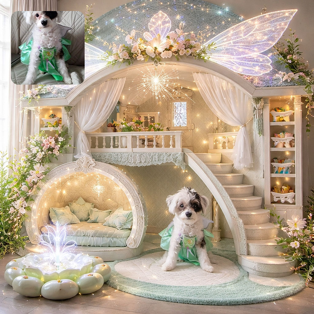 A fluffy white and black puppy dressed in a shiny green fairy costume sits adorably on a quilted beige couch, looking curiously at the camera with a tilt of the head.