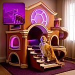 A curious cat with a collar sits proudly on a table, bathed in an intense purple light that gives the scene a surreal, almost sci-fi vibe. The background shows a radiator and a shadowy wall, adding to the mysterious atmosphere.