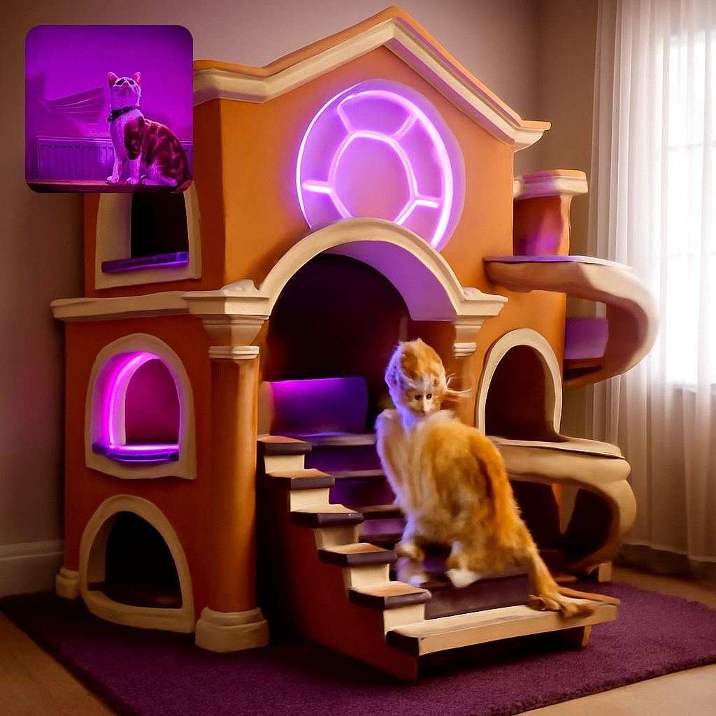 A curious cat with a collar sits proudly on a table, bathed in an intense purple light that gives the scene a surreal, almost sci-fi vibe. The background shows a radiator and a shadowy wall, adding to the mysterious atmosphere.