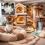 A fluffy cat with striking blue eyes sits alert on a soft surface, looking curiously upwards. The background shows a cozy indoor setting with a desk, headphones, and books, slightly blurred to emphasize the cat's majestic fur and intense gaze.