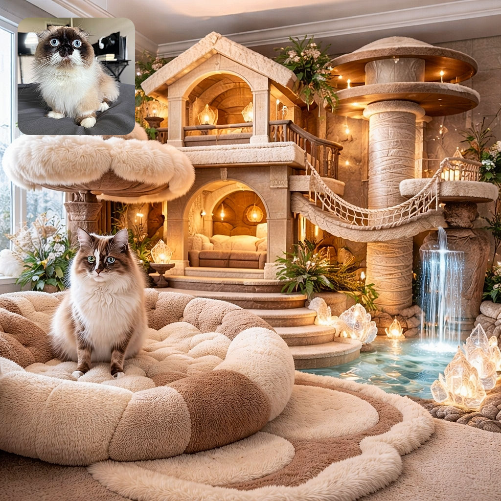 A fluffy cat with striking blue eyes sits alert on a soft surface, looking curiously upwards. The background shows a cozy indoor setting with a desk, headphones, and books, slightly blurred to emphasize the cat's majestic fur and intense gaze.