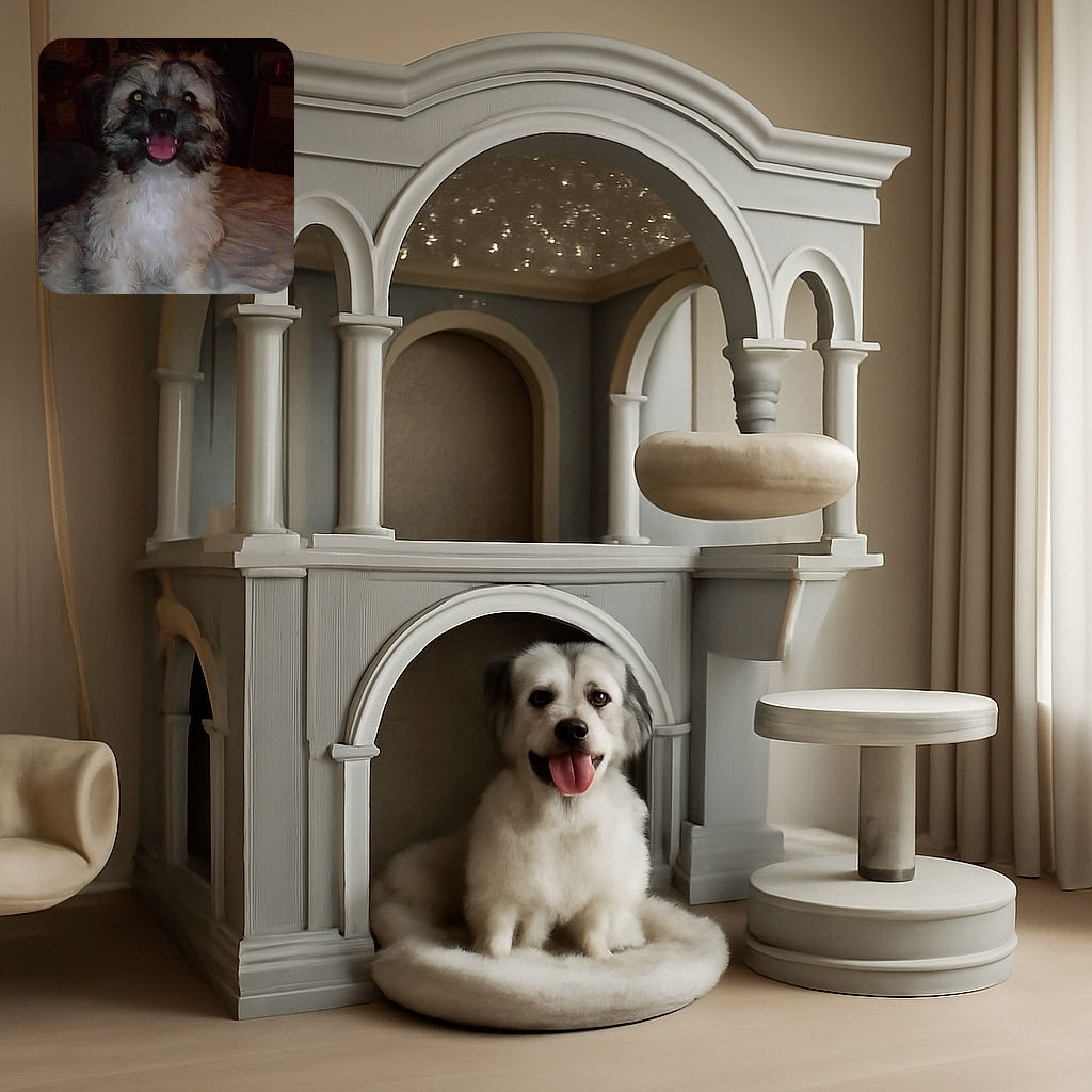 A fluffy dog with a happy, open-mouthed smile sits on a bed in a dimly lit room, looking excited and ready for some fun despite the grainy and dark quality of the photo.