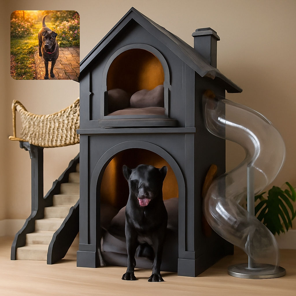 A majestic black dog stands attentively on a sunlit garden path, bathed in the warm golden glow of a setting sun, surrounded by lush greenery and blooming flowers, looking like the noble guardian of a secret garden.