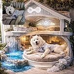 A fluffy white dog lounging comfortably on a bed, wearing a striped baseball jersey, looking relaxed and slightly amused as if ready for game day or a cozy nap.