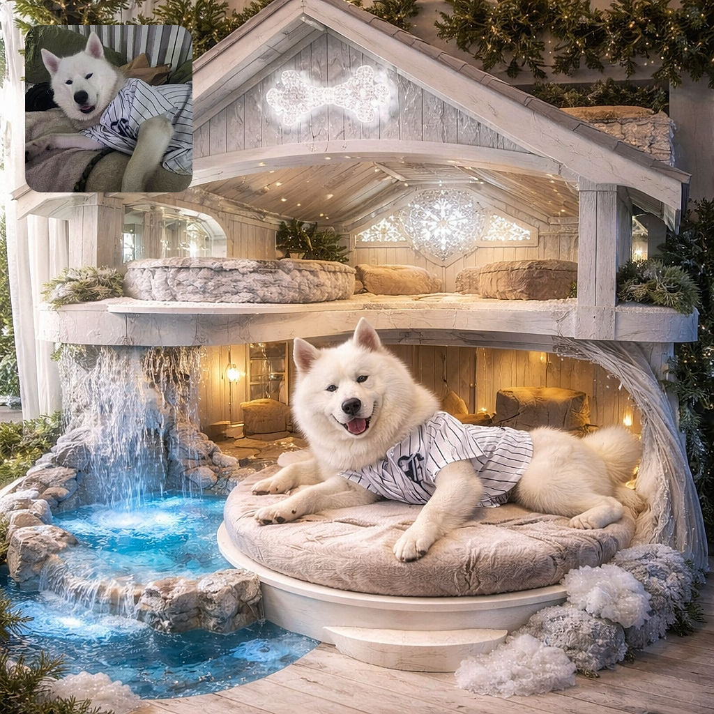 A fluffy white dog lounging comfortably on a bed, wearing a striped baseball jersey, looking relaxed and slightly amused as if ready for game day or a cozy nap.
